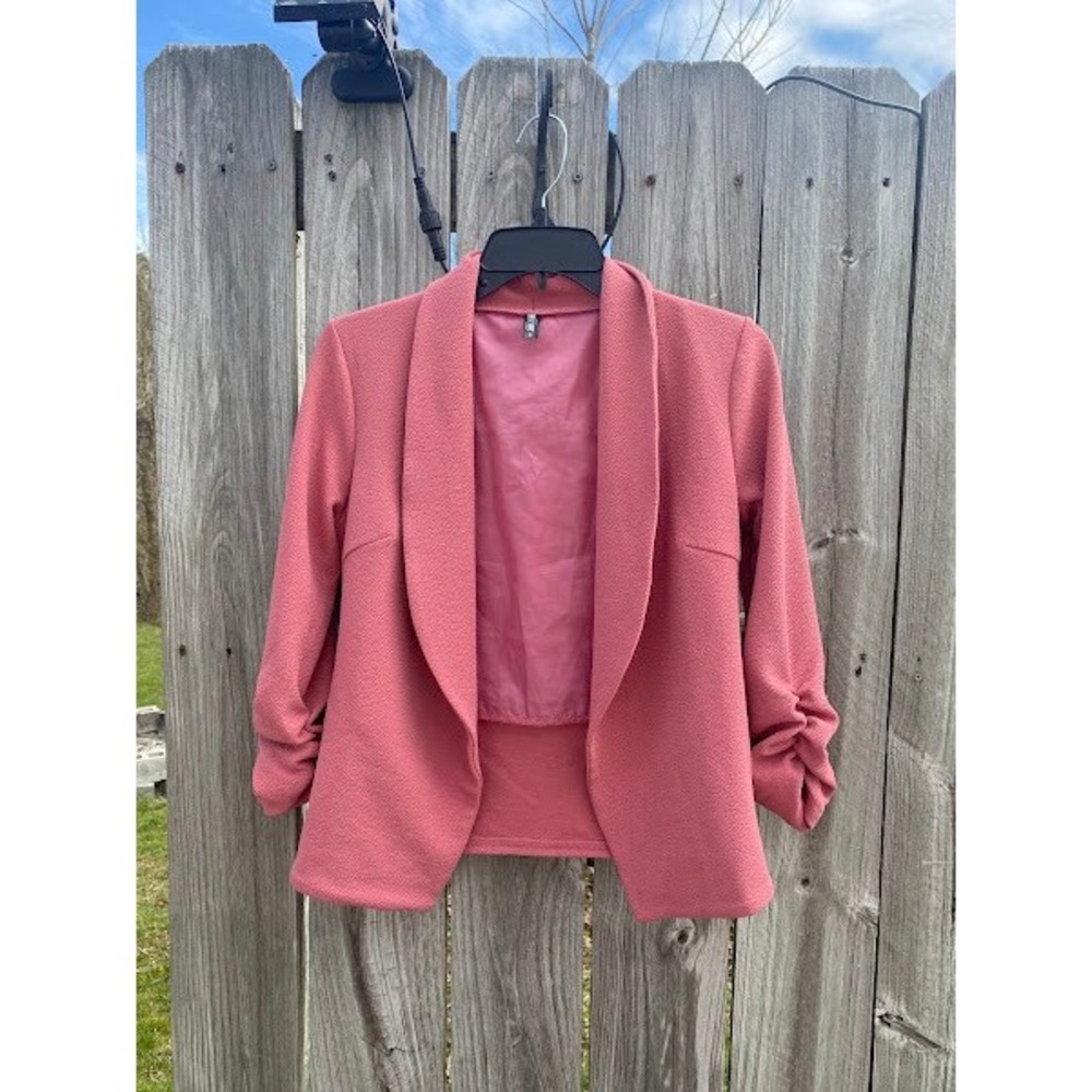 Lock and Love Womens Rose Pink Ruched Sleeve Shawl Collar Open Front Blazer‎ S
